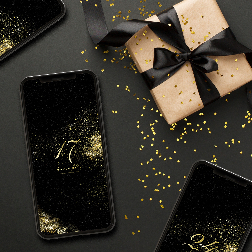 【ゴールデンブラック・グリッター+数字17】✨黒×金で金運上昇⤴開運を引き寄せる風水の待ち受けスマホ壁紙🌙