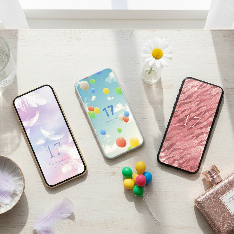 おしゃれ可愛い数字17の待ち受け画像フェザー羽根や風船ふわふわ