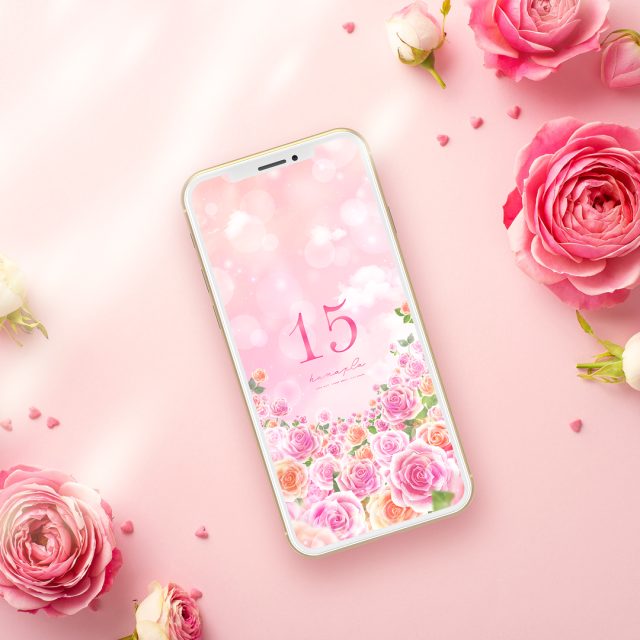 【夢見るバラ園💐ピンクとオレンジの幸福花畑＋数字15】ふんわり光に包まれて✨スマホを開くたび心ときめく待ち受け💖