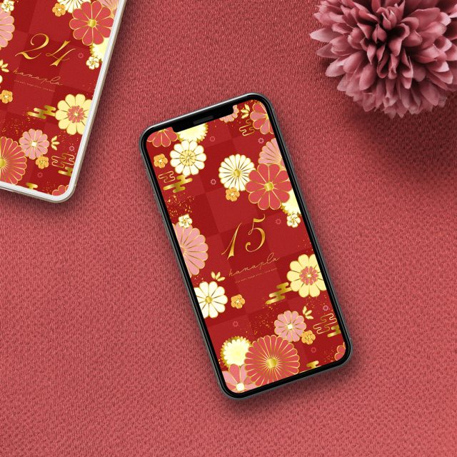 【深紅の開運和柄菊梅＋数字15】🌸金箔が咲かせる吉祥の華✨美しさと幸運をまとう上質和柄スマホ待ち受け💫