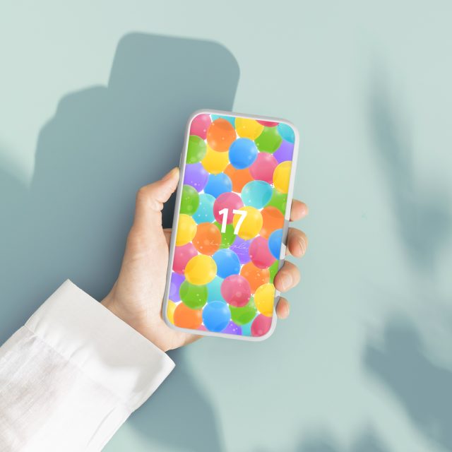 【運気上昇ナンバー17】レインボー風船で夢と希望も膨らむ！カラフルな数字17のスマホ壁紙