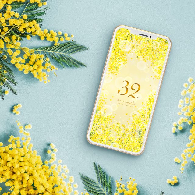 【幸運を呼ぶミモザイエロー＋数字32】心と運気に光を灯す🍀きらめく幸せのスマホ壁紙✨