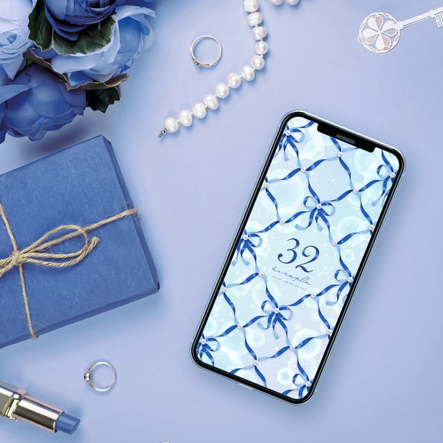 【リボンパールの縁結び🎀青き煌めき＋数字32】透明感と癒しを運ぶ💎幸運を結ぶスマホ壁紙✨