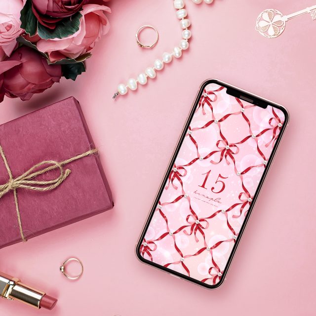 【リボンパールの恋結び🎀赤ピンク＋数字15】運命を引き寄せる💫キラキラ輝く恋愛成就スマホ壁紙✨