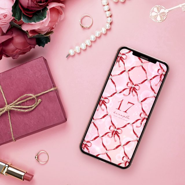 【リボンパールの恋結び🎀赤ピンク＋数字17】運命を引き寄せる💫キラキラ輝く恋愛成就スマホ壁紙✨