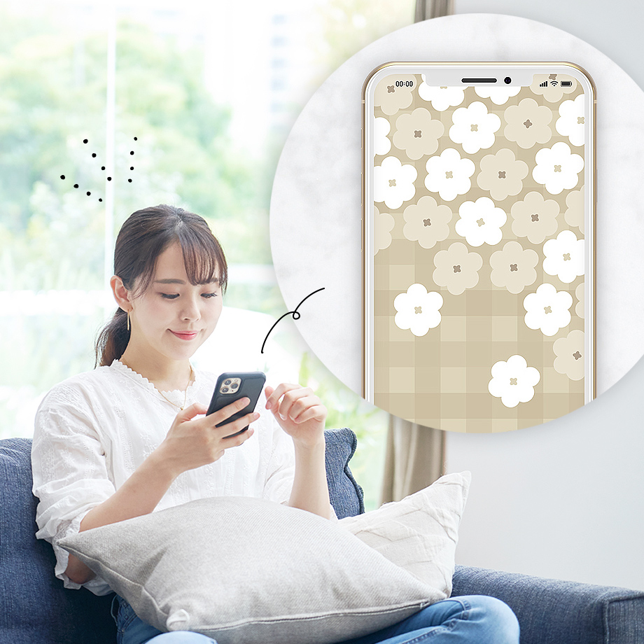 ベージュの花とチェック柄の待ち受け画面