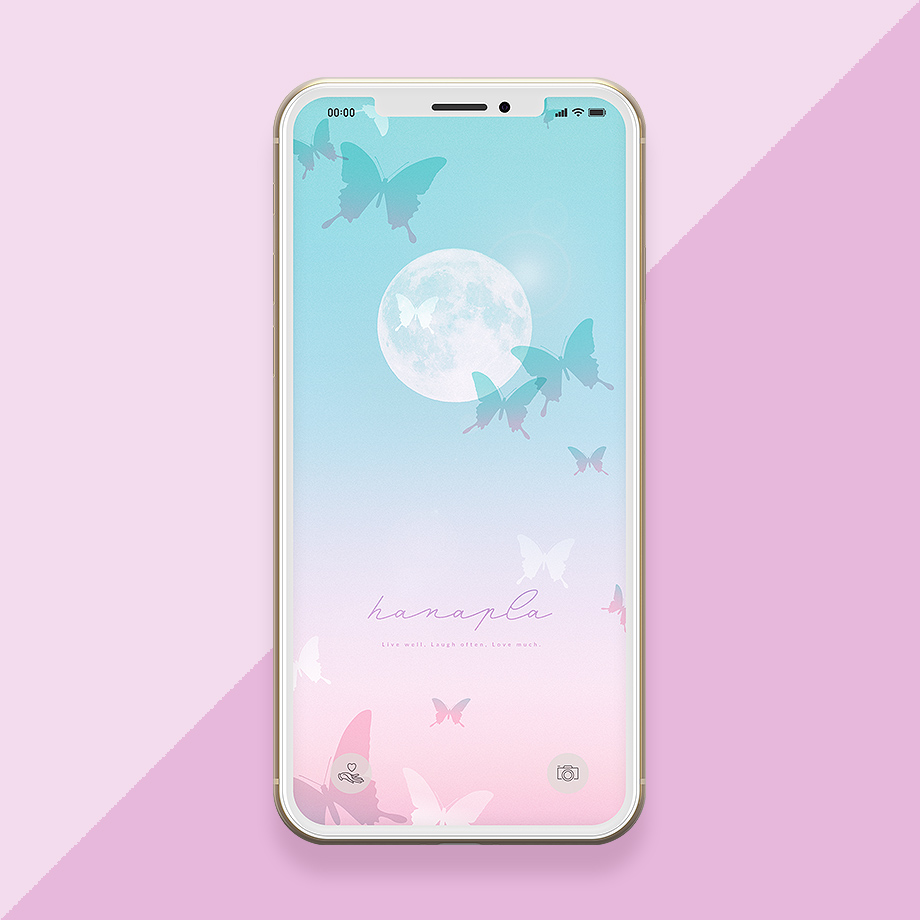 【幸運の待ち受け】神秘的な蝶と満月のスマホ壁紙（ブルー＆ピンク背景）