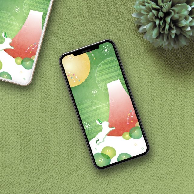 【開運飛躍の満月うさぎと赤富士グリーン】🐇🍀緑風と黄金の月が調和する癒しの空✨心を整え運気を育む開運スマホ待ち受け🌕💫