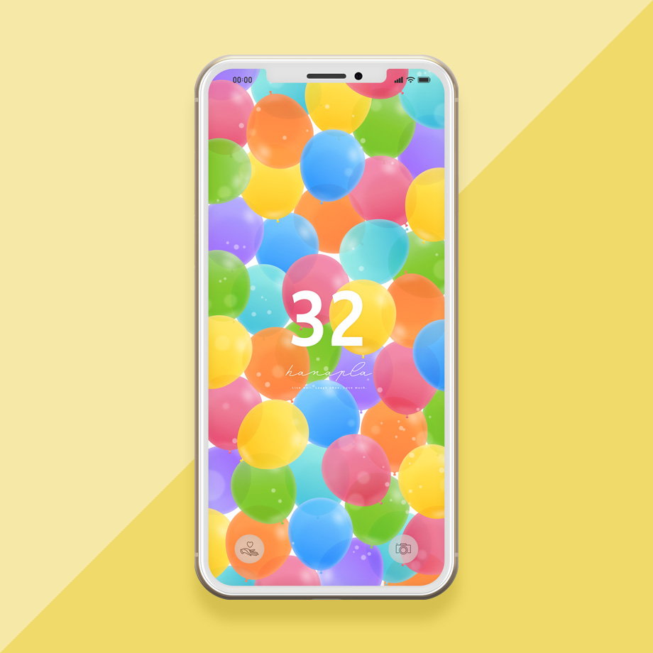 数字32とカラフル風船の待ち受け画像（スマホ壁紙）