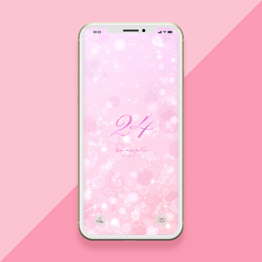 【輝く恋愛お守り】ピンクのキラキラヘキサゴン（六角形）で恋が始まる数字24のスマホ壁紙