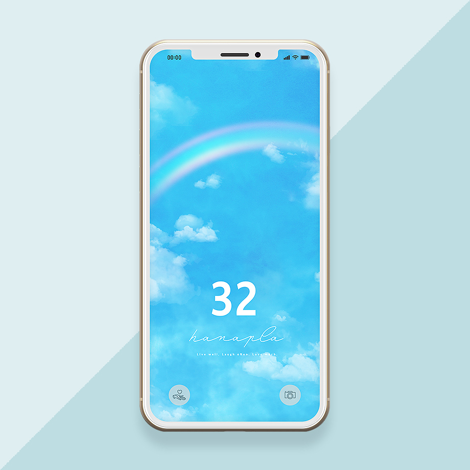 【開運】美しい虹とふわふわ雲が浮かぶ青空と数字32のスマホ壁紙