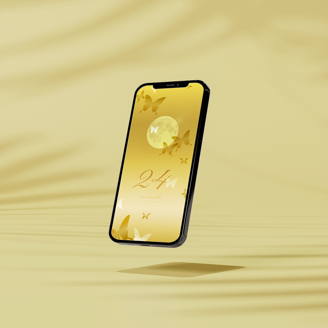 【金運の蝶とゴールド満月＋数字24】最高の金運＆明るい未来！神々しい黄金空の美しいスマホ壁紙