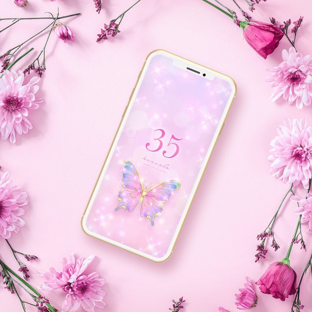 【キラキラ舞う🦋ピンクアゲハ＋数字35】夢叶うスマホ壁紙💎幸運を呼ぶグラデーション35待ち受け画像