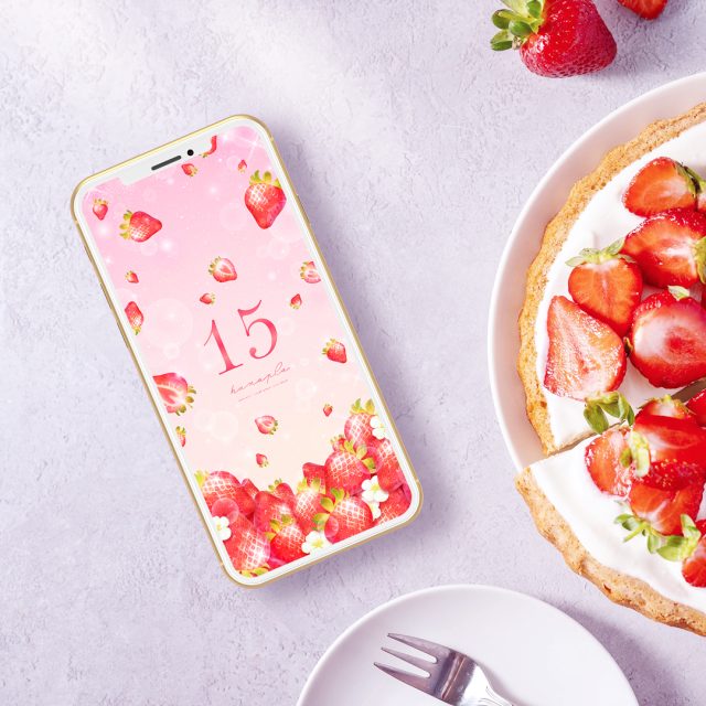 しあわせ色の苺ミルク＋数字15】🍓キラキラいちごが幸運を引き寄せる💖豊かさを運ぶ開運イチゴのスマホ待ち受け画像