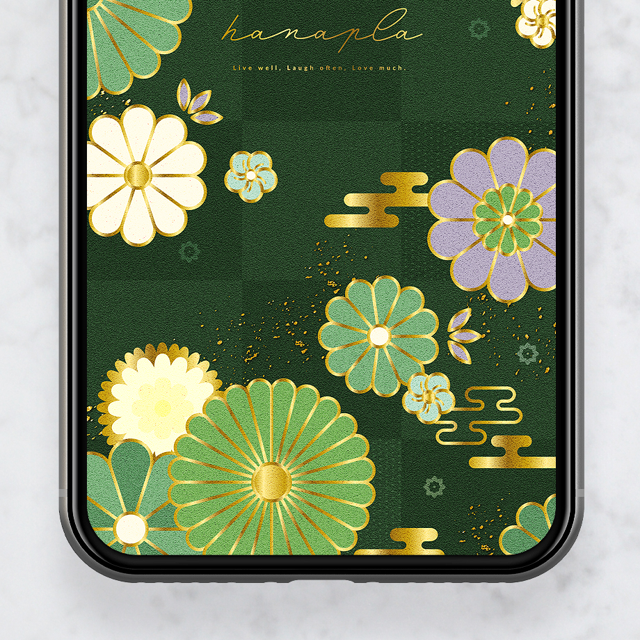 【抹茶色の開運和柄】金箔きらめく菊梅の華🌸伝統美と上品さが満ちる✨心と運を整える和柄待ち受け💫
