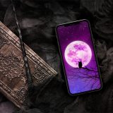【守り神フクロウと紫満月】神秘のマジックアワーに願いを託す🦉癒しと浄化を届けるスマホ壁紙🌟💜