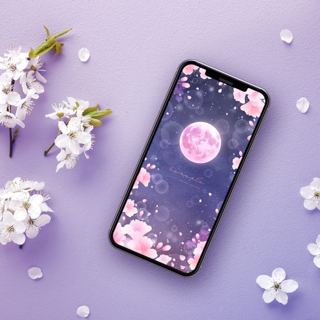 【春らんまん夜桜満月🌕】夜空に舞う花びらとピンクムーンが心を癒すスマホ待ち受け画像🌸✨