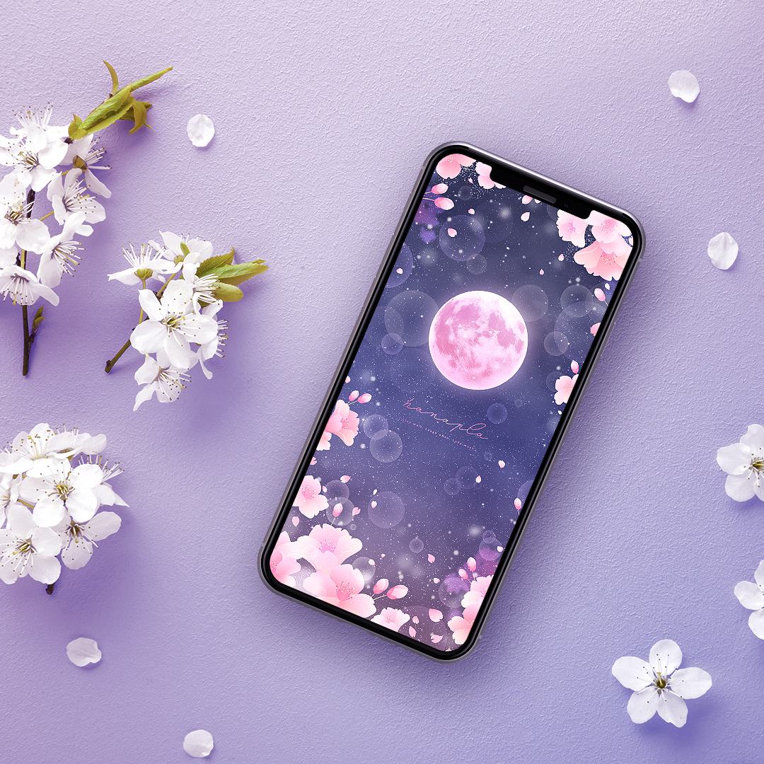 【春らんまん夜桜満月🌕】夜空に舞う花びらとピンクムーンが心を癒すスマホ待ち受け画像🌸✨
