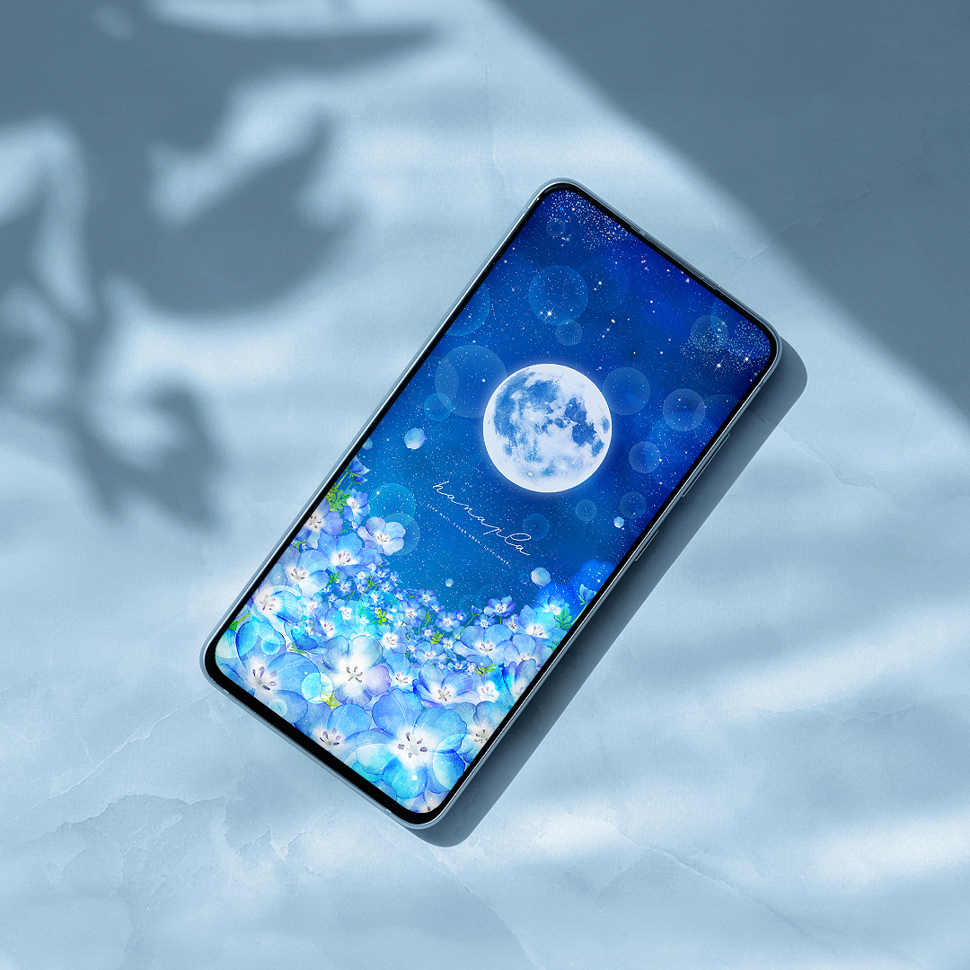 【ネモフィラと満月星空】夜空に咲く奇跡の青い花畑🌕✨心満たされる癒しのスマホ壁紙💙