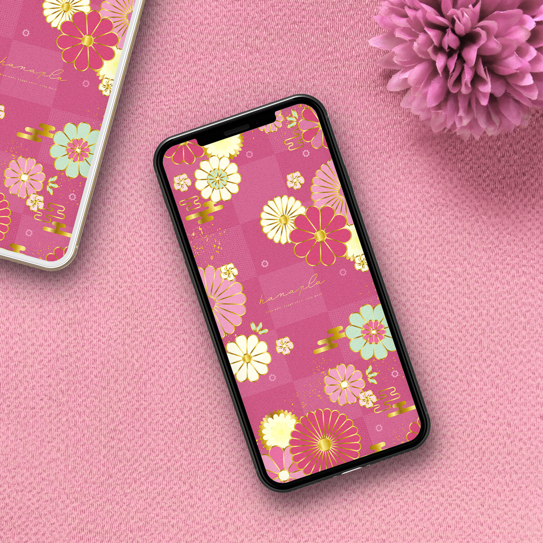 【紅梅色の開運和柄】金箔が華やぐ菊梅文様🌸恋も運も咲き誇る✨幸せを引き寄せる和柄スマホ壁紙💖