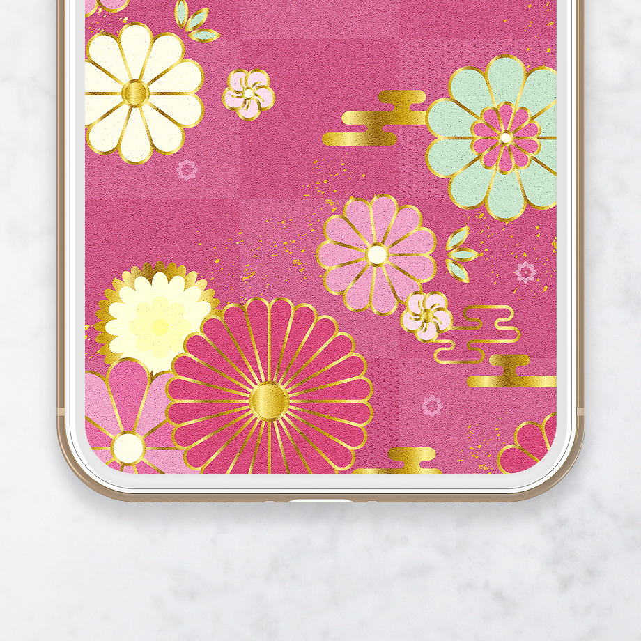 【紅梅色の開運和柄】金箔が華やぐ菊梅文様🌸恋も運も咲き誇る✨幸せを引き寄せる和柄スマホ壁紙💖