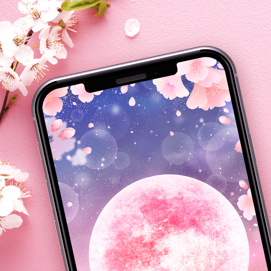 【さくら満月の願い猫】恋と願いを叶える🌸ピンクムーンと黒猫の癒し待ち受け画像✨開運スマホ壁紙にも🐾