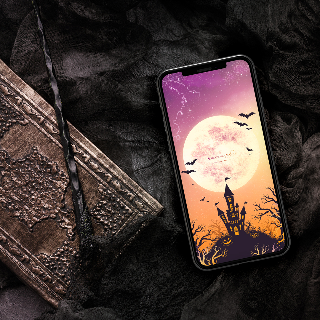 【満月のハロウィンナイト🎃🦇】魔法の夜空に願いを込めて✨幻想的な城と満月が導く、幸運のスマホ壁紙🌕