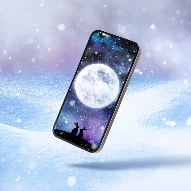 【ダイヤモンドダスト満月🌕うさぎの奇跡】銀色に輝く神秘の夜空✨恋と幸運を呼ぶ幻想スマホ壁紙💎❄️