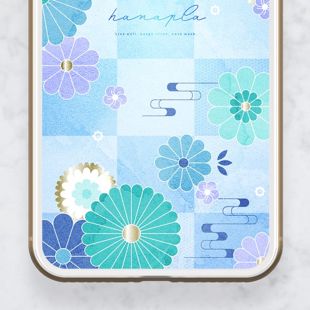【瑠璃色の開運和柄】✨浴衣のように涼やかな菊と梅が舞う幸せスマホ壁紙🌸心華やぐ金彩の輝きで毎日に福を