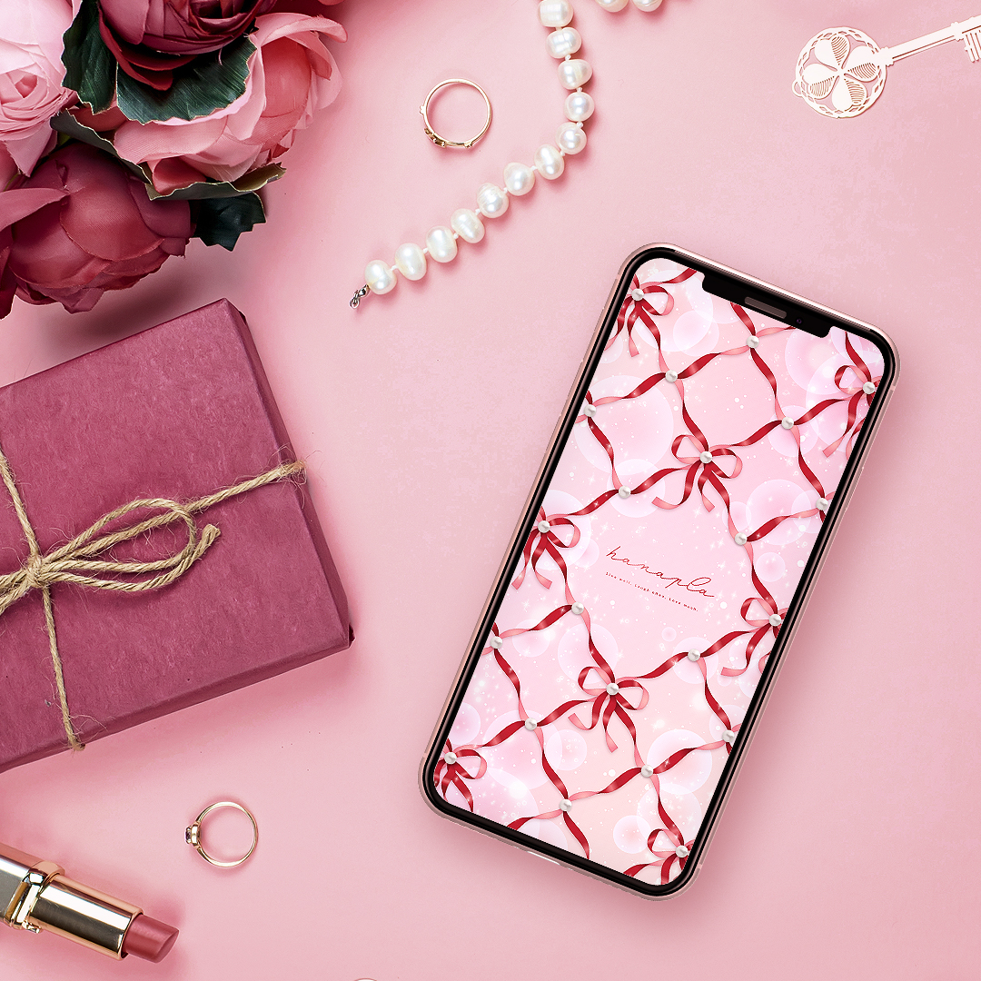 【リボンパールの恋結び🎀赤ピンク】運命を引き寄せる💫キラキラ輝く恋愛成就スマホ壁紙✨