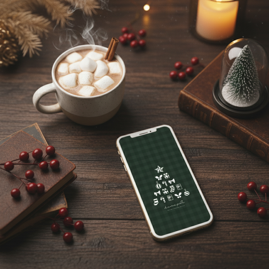 【緑の癒しと幸運オーナメントツリー】🎄💚落ち着いたチェック柄に白い輝き✨愛と調和を結び幸福を運ぶ開運スマホ待ち受け💫