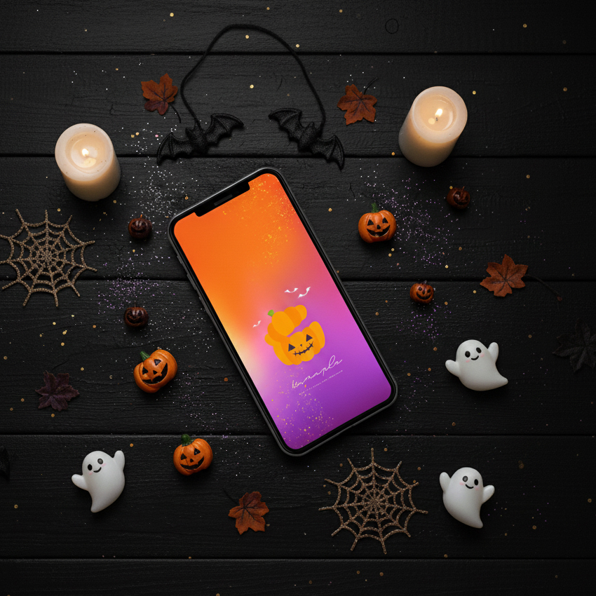 【ハロウィンカラーのジャックオーランタン】🎃オレンジ×パープルのグラデーションに金色の煌めき✨幸運を呼ぶ可愛いスマホ壁紙💜🧡