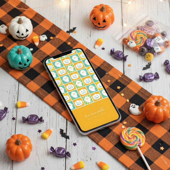 【ハロウィンタイルの幸せオバケ】👻カボチャとゴーストが並ぶレトロ可愛いタイル風デザイン🎃オレンジ＆グリーンの開運スマホ壁紙✨