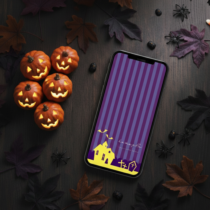 【ハロウィンの十字架と洋館】💜紫ストライプに浮かぶ黄色い洋館とお墓が描く幻想の夜🎃幸運を呼ぶスマホ壁紙✨