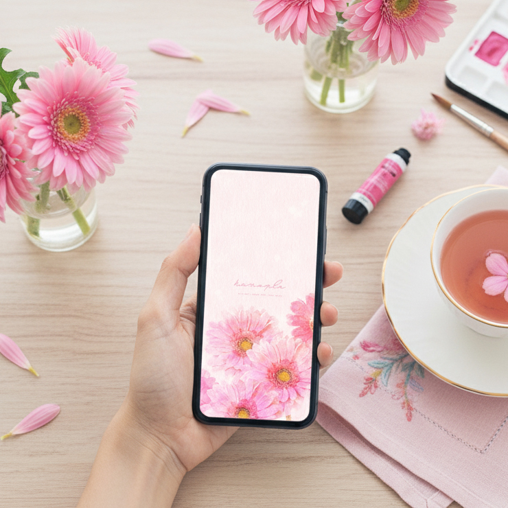 【幸せ咲くピンクガーベラ・家族の絆】🌸ふんわりと咲く花々が寄り添う💖愛と調和を育てる癒しの開運スマホ待受✨