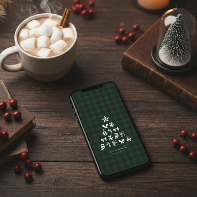 【緑の癒しと幸運オーナメントツリー】🎄💚落ち着いたチェック柄に白い輝き✨愛と調和を結び幸福を運ぶ開運スマホ待ち受け💫