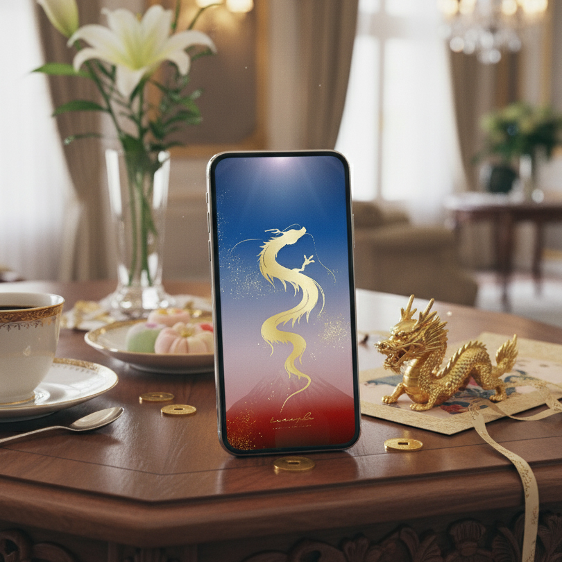 【天光に昇る金龍神と暁の赤富士】✨天から差す光に導かれ昇る金龍神🐉運気上昇・成功・守護をもたらす神聖な開運待ち受け🌅