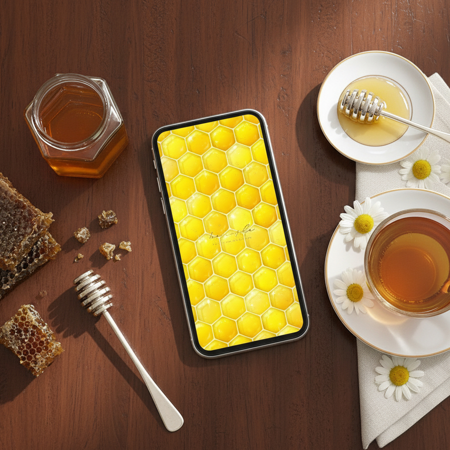 【ハニーゴールドの幸せハーモニー】🍯✨金運と愛情運を呼び込む蜂蜜の六角輝きスマホ壁紙🌟心に甘い癒しと豊かさを