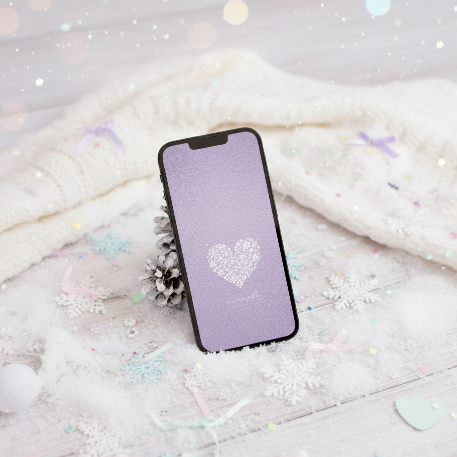 【ライラックラメの雪結晶ハート】❄️煌めく六花が運ぶ癒しと希望✨心を浄化し愛を育むスマホ壁紙💖