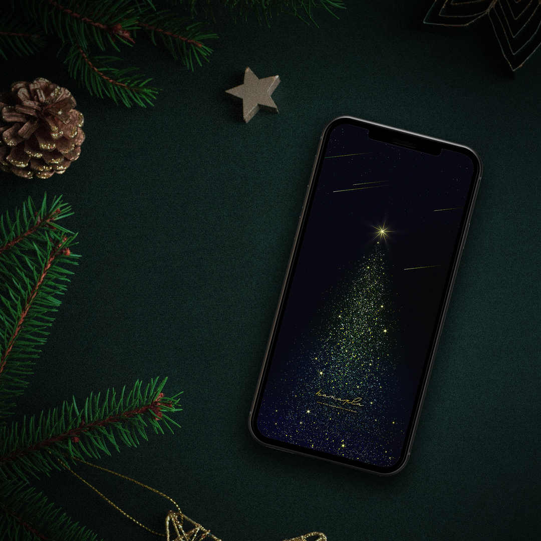 【綺羅星と流星が彩るゴールドグリーンツリー】🌟黄金に輝くトップスターと星降る夜空✨無数の光が幸運を呼ぶクリスマス開運スマホ待ち受け🎄