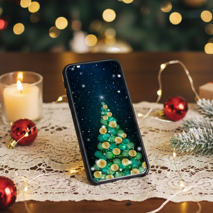 【星と雪も煌めく黄金クリスマスツリー】🎄✨輝くトップスターが未来を照らし、雪と星の煌めきが幸運を運ぶ開運待ち受け💫スマホ壁紙