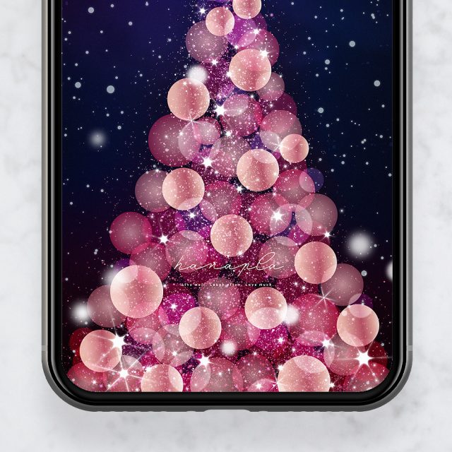 【星と雪が舞う桃金のクリスマスツリー】🎀🌸優しさと愛が煌めく夜✨心を包む幸福の光が運気を満たす開運スマホ壁紙💖