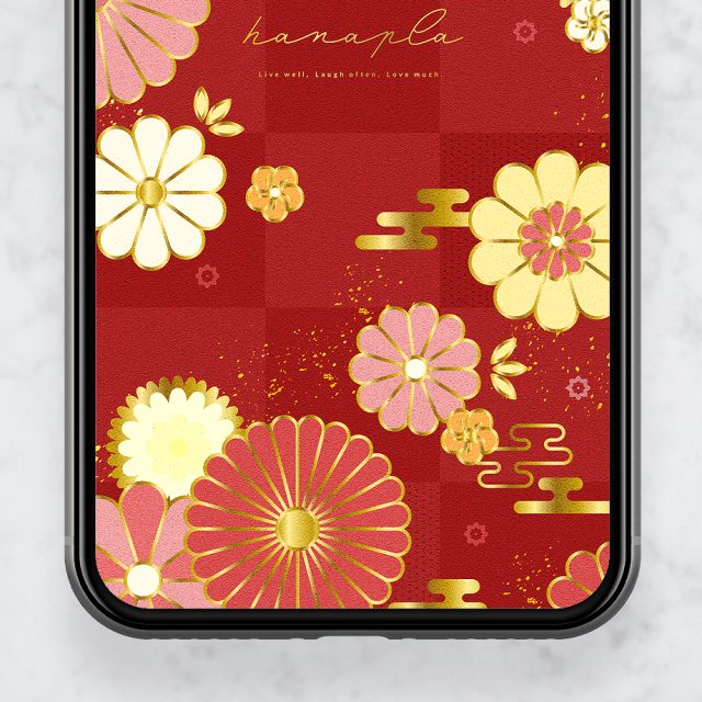 【深紅の開運和柄菊梅】🌸金箔が咲かせる吉祥の華✨美しさと幸運をまとう上質和柄スマホ待ち受け💫