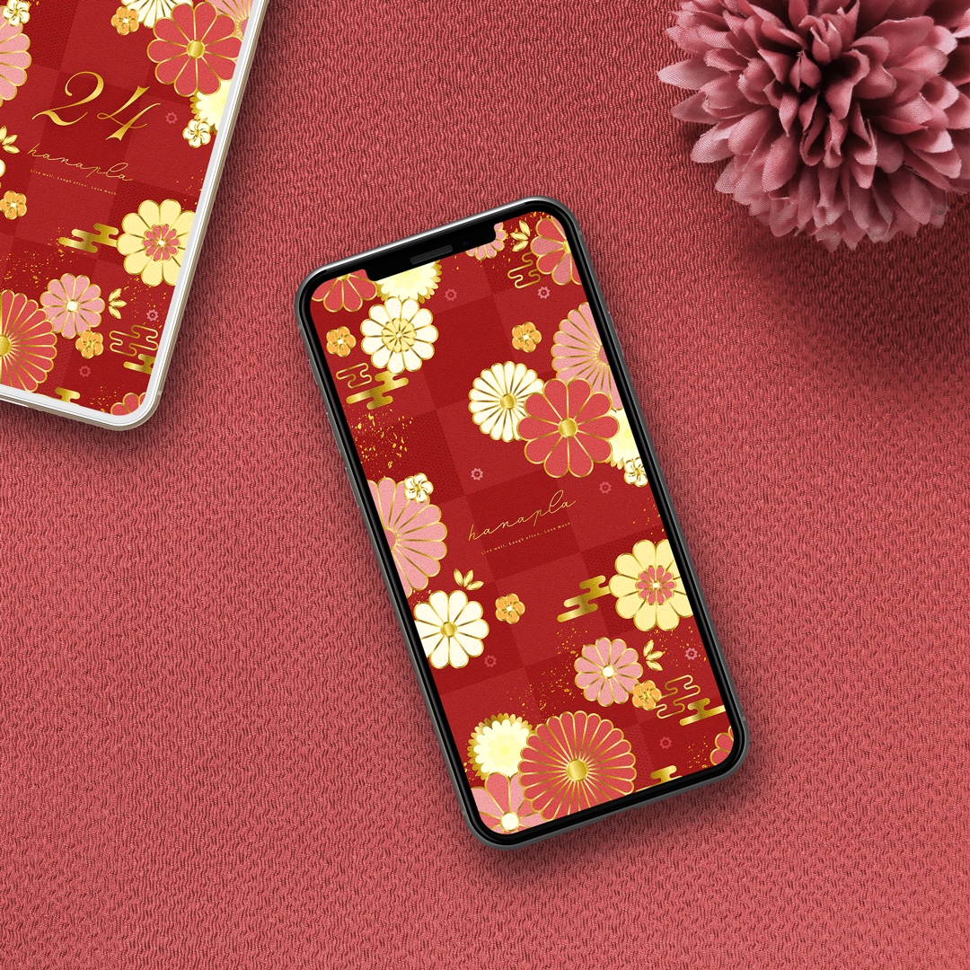 【深紅の開運和柄菊梅】🌸金箔が咲かせる吉祥の華✨美しさと幸運をまとう上質和柄スマホ待ち受け💫