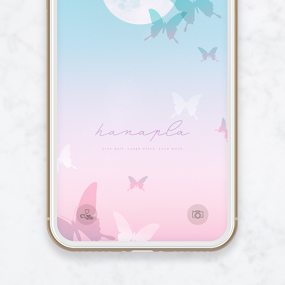 【幸運の待ち受け】神秘的な蝶と満月のスマホ壁紙（ブルー＆ピンク背景）