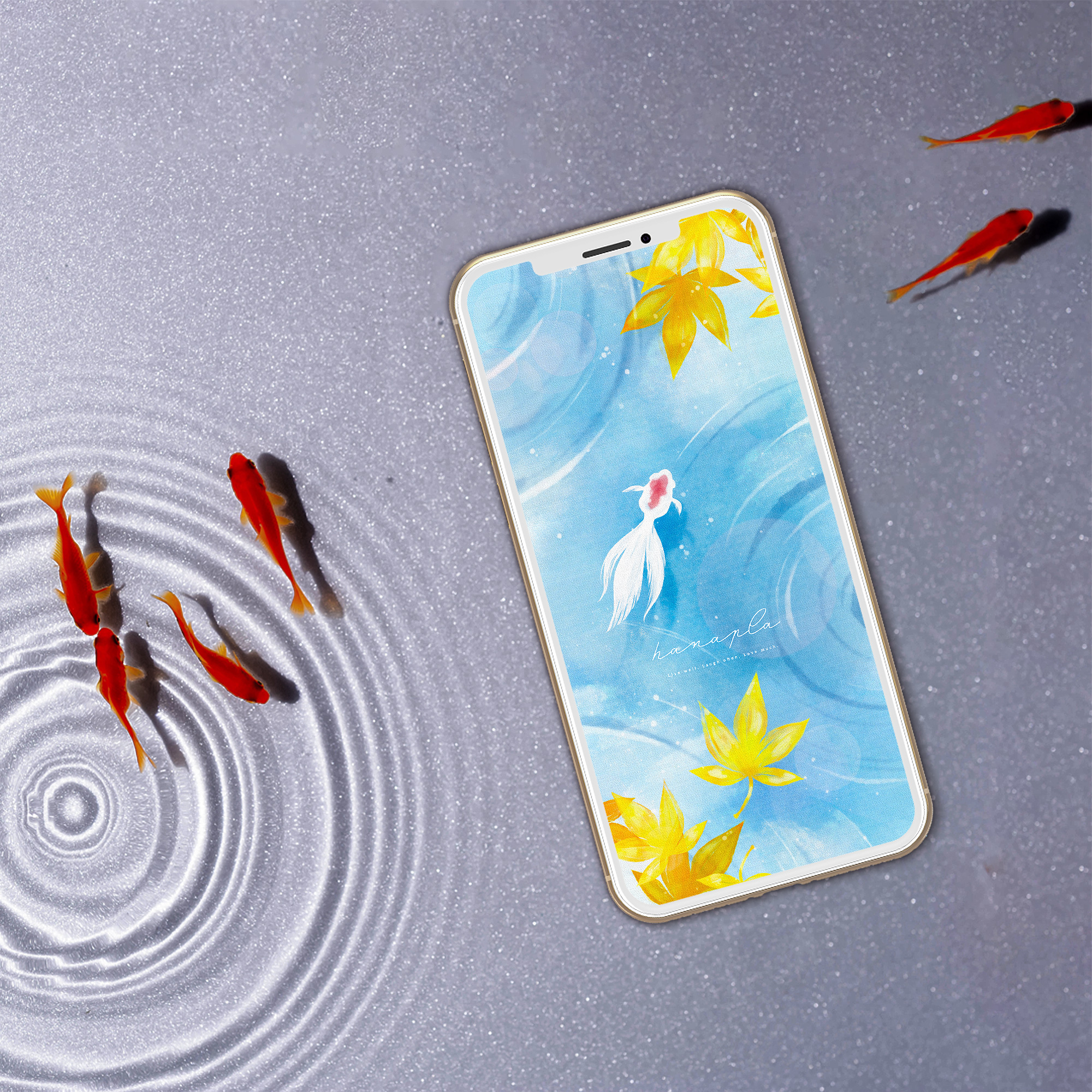 【金魚の待ち受け】金運アップ！泳ぐ白い金魚の和風水彩イラスト壁紙