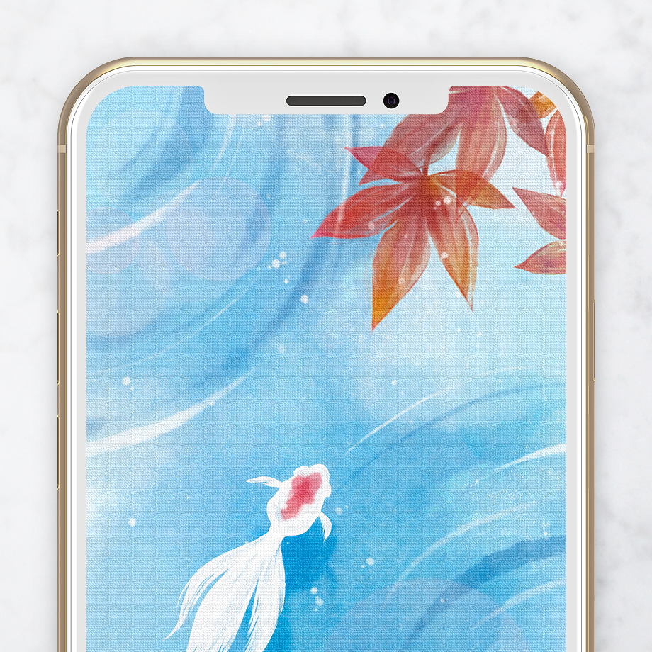 【金魚の待ち受け】金運アップ！泳ぐ白い金魚の和風水彩イラスト壁紙ver紅葉